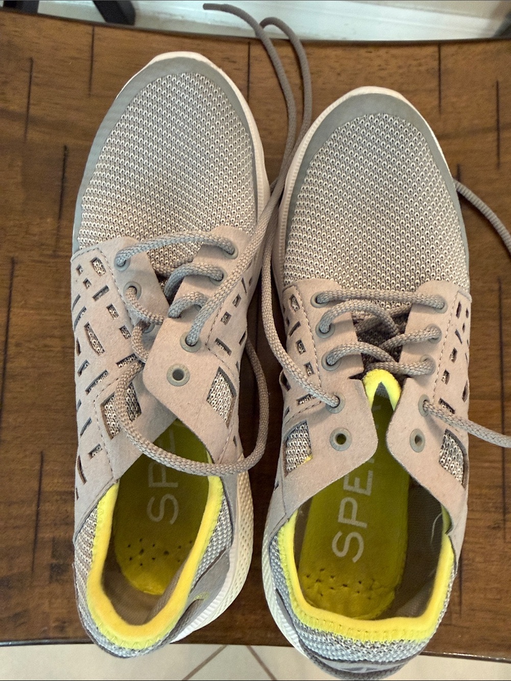 Sperry Gray Knit Sneakers with Yellow Green Accents